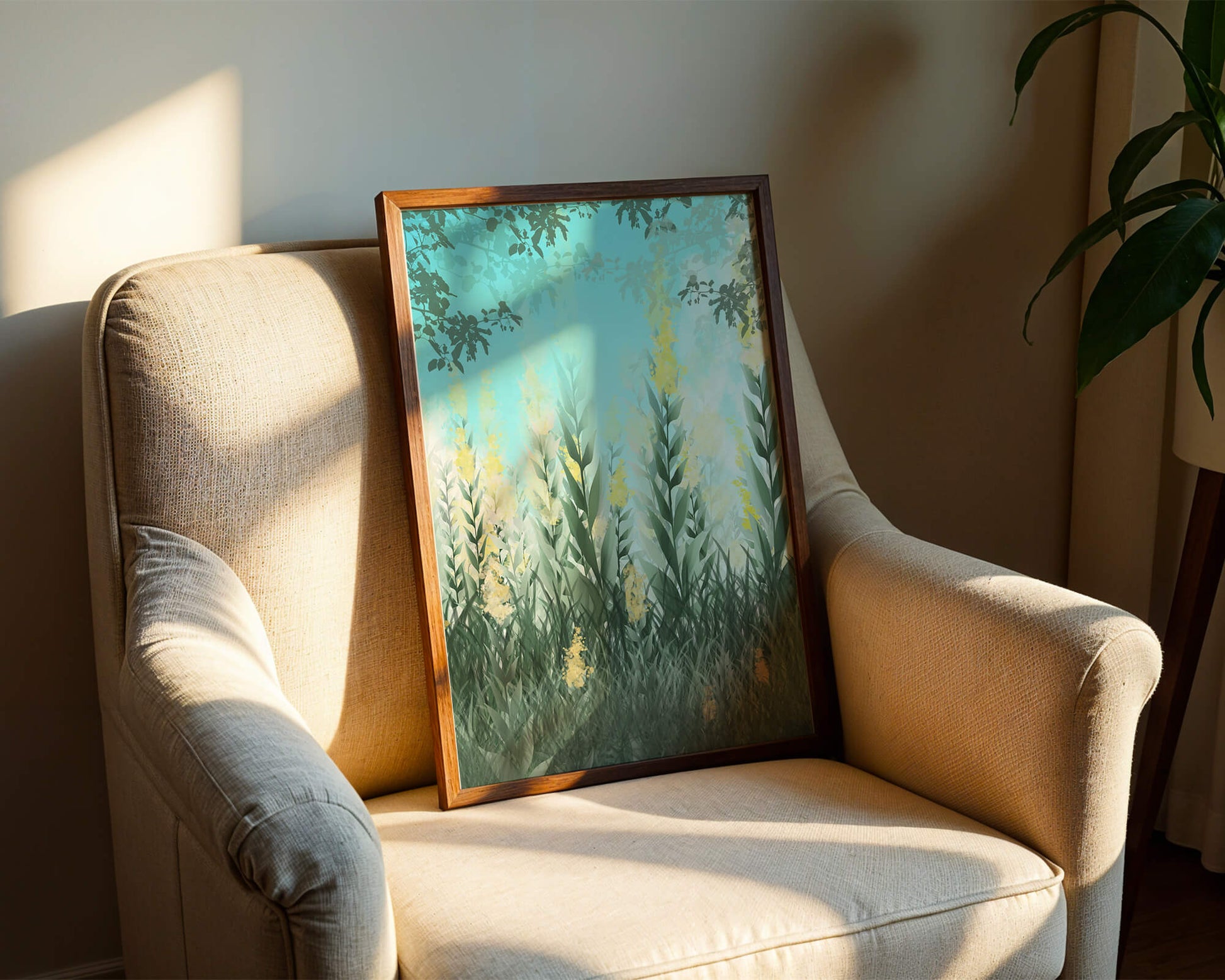 Jardín sereno con hojas verdes altas y flores amarillas bajo el cielo azul