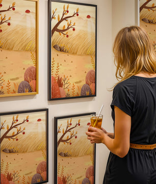 Autumn landscape illustration with apple tree and sunrise in a serene field