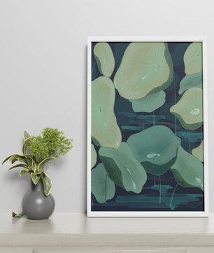 Green lily pads on a dark water background illustration