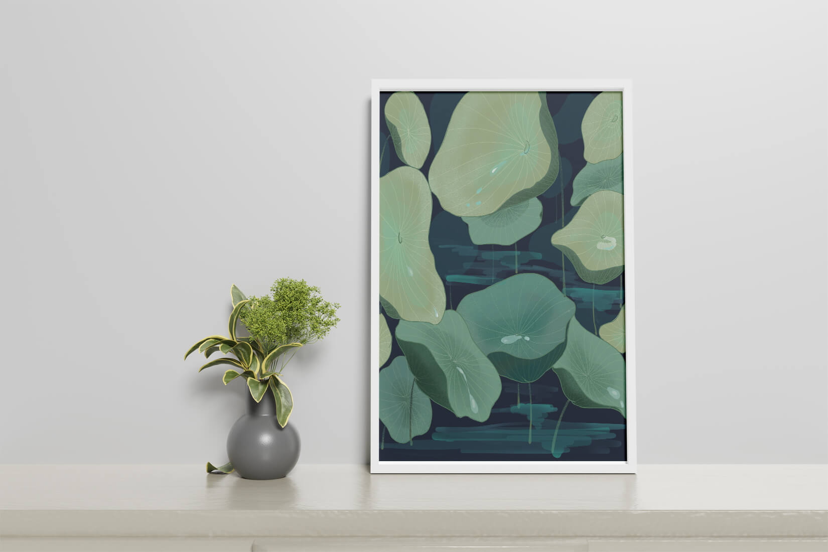 Green lily pads on a dark water background illustration