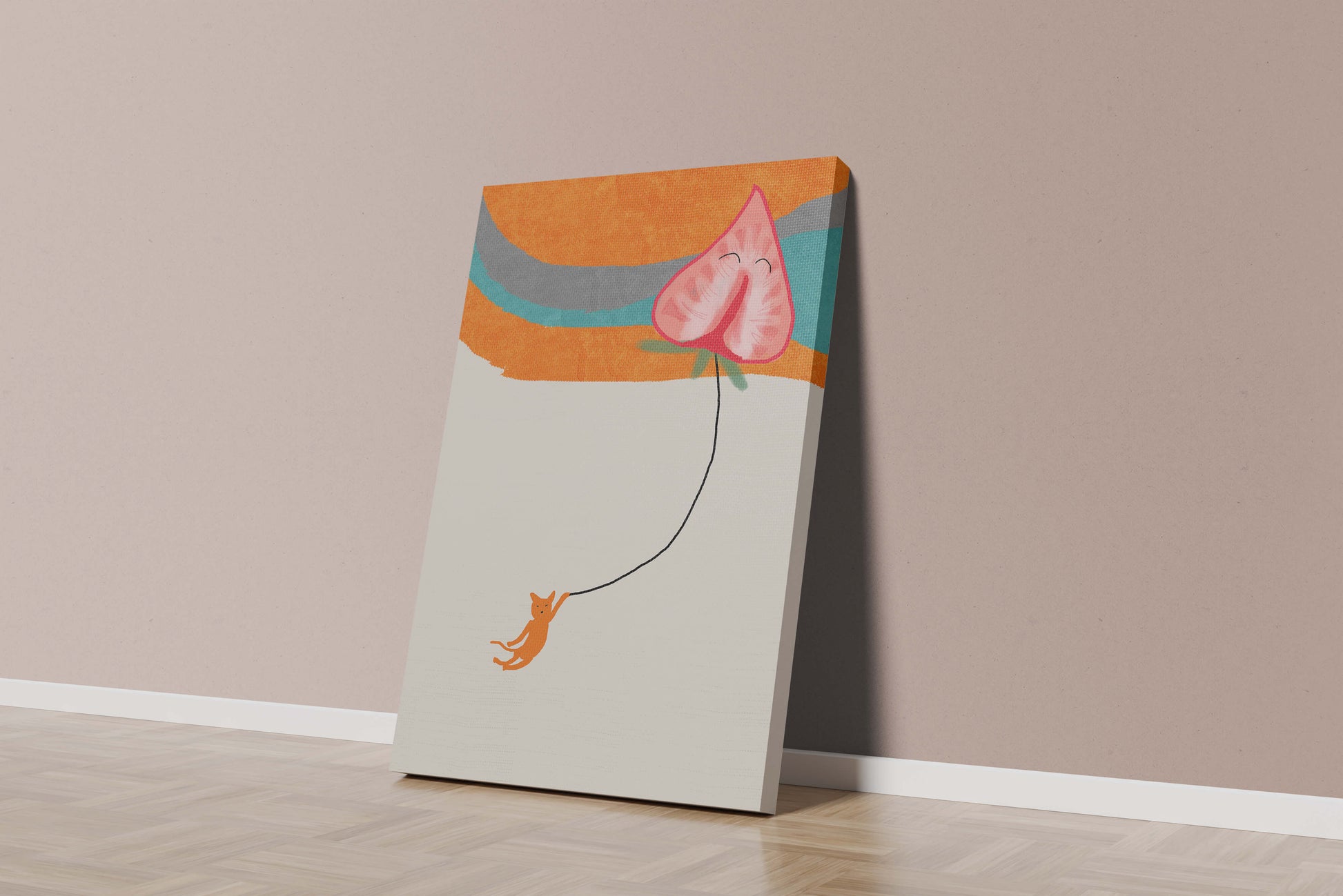 Gato naranja colgando de un globo en forma de corazón sobre un fondo abstracto