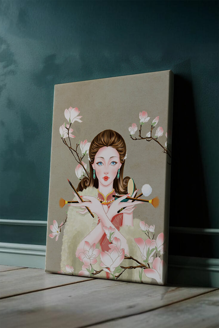 Elegant woman with makeup tools amidst blooming magnolia branches