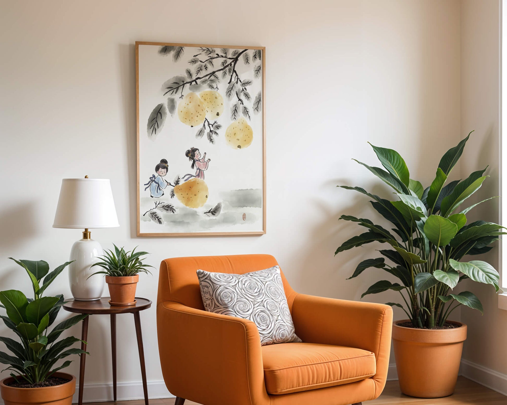 Ilustración encantadora de niños en vestimenta tradicional recolectando peras