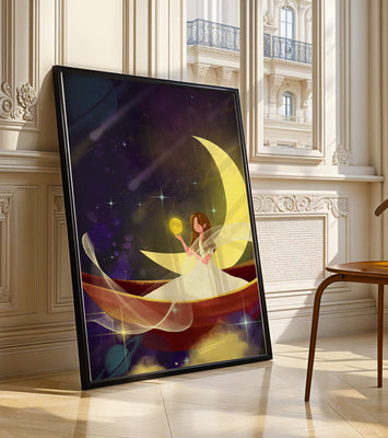 Enchanted night scene with a fairy on a crescent moon