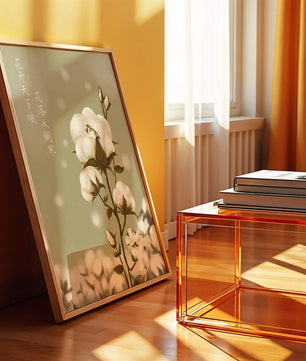 Plante de coton illustrée avec un personnage caché sur un fond vert doux