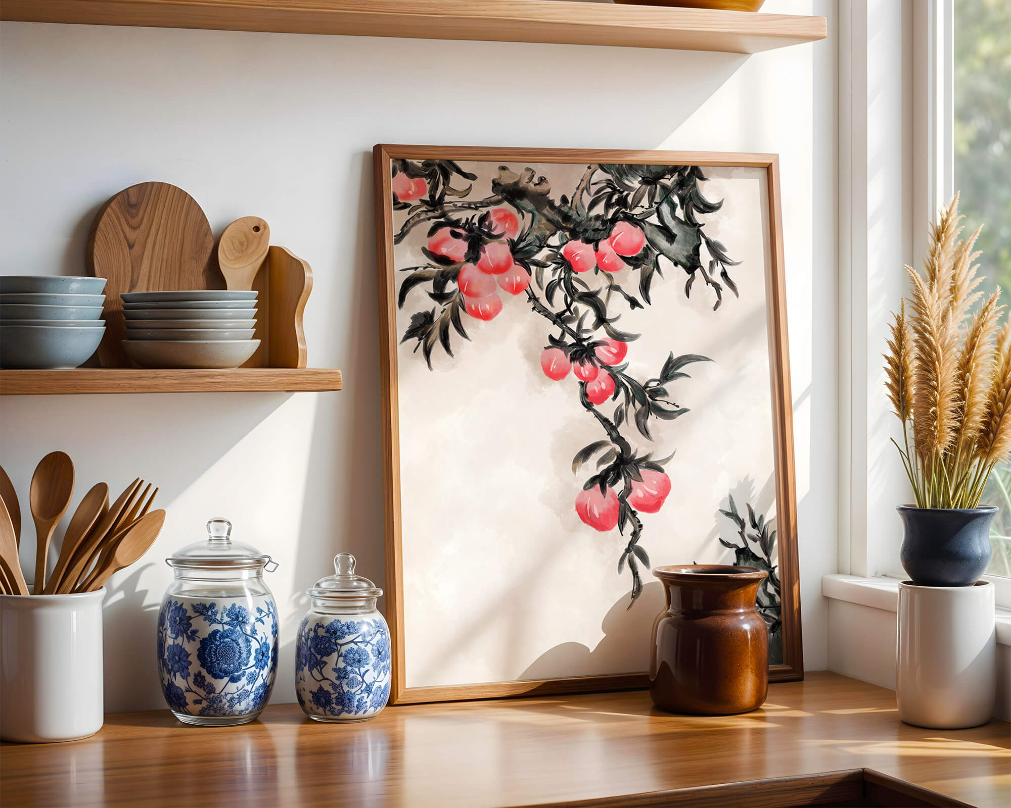 Watercolor Floral Illustration with Red Berries on Branch - Mi tienda