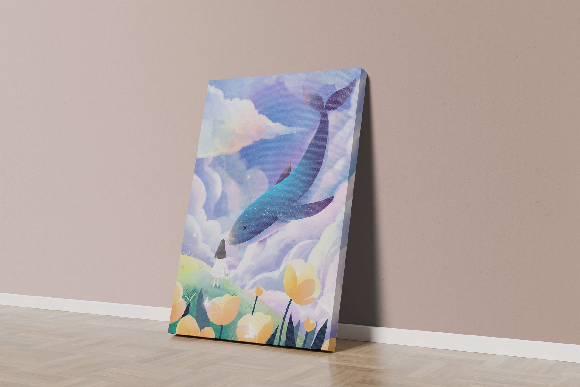 Paisaje surrealista con una ballena gigante y elementos caprichosos