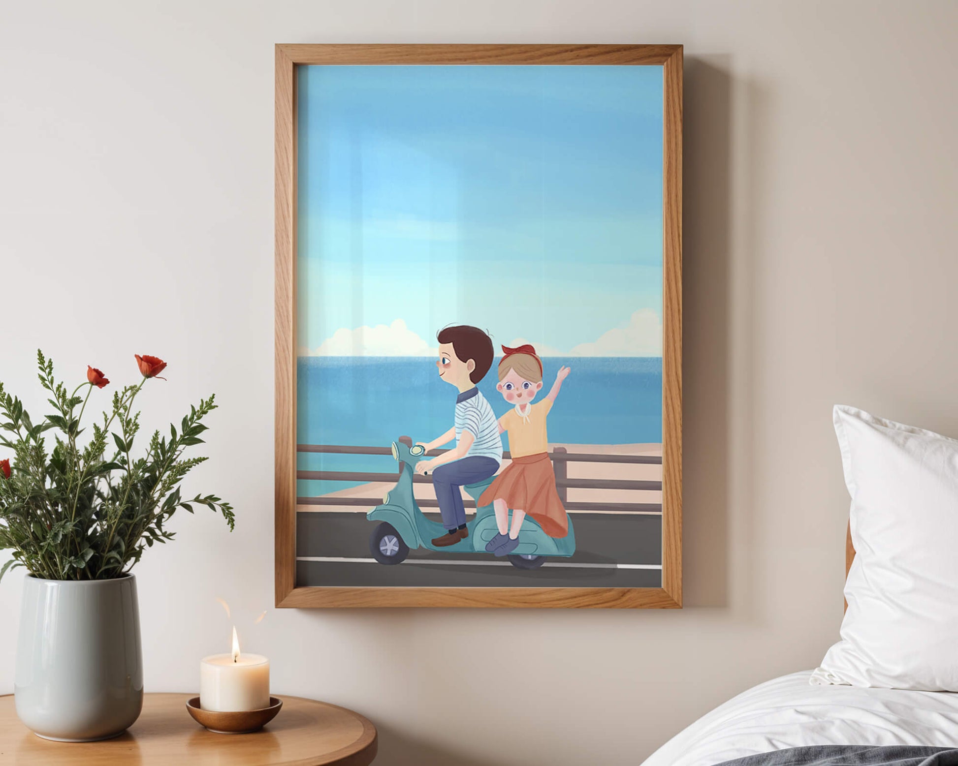 Young couple enjoying a scenic scooter ride by the seaside