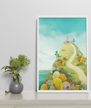 Charming lighthouse illustration on a scenic hilltop