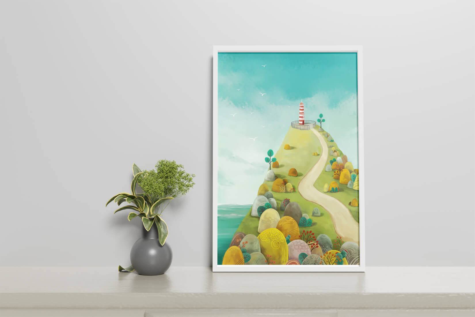 Charming lighthouse illustration on a scenic hilltop