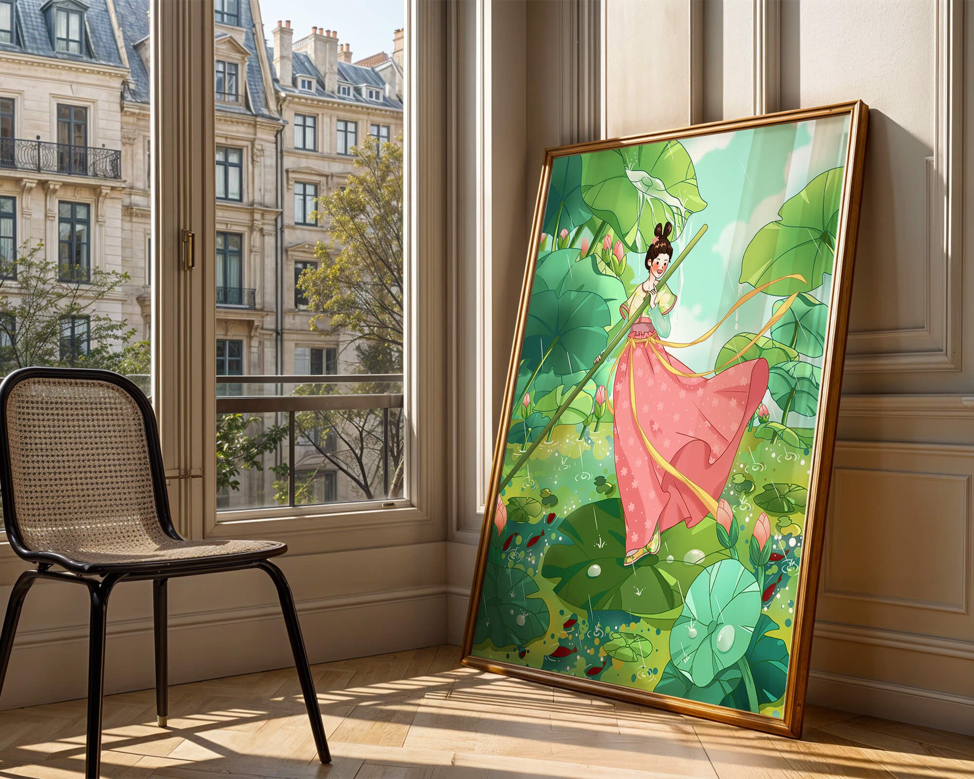 A whimsical scene of a girl in traditional dress among vibrant lotus leaves