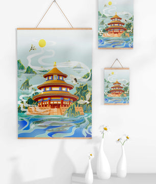 Alter chinesischer Pavillon am Wasser mit Kranichen und Bergen