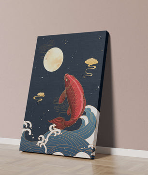 Ilustración artística de peces koi saltando sobre las olas bajo la luz de la luna