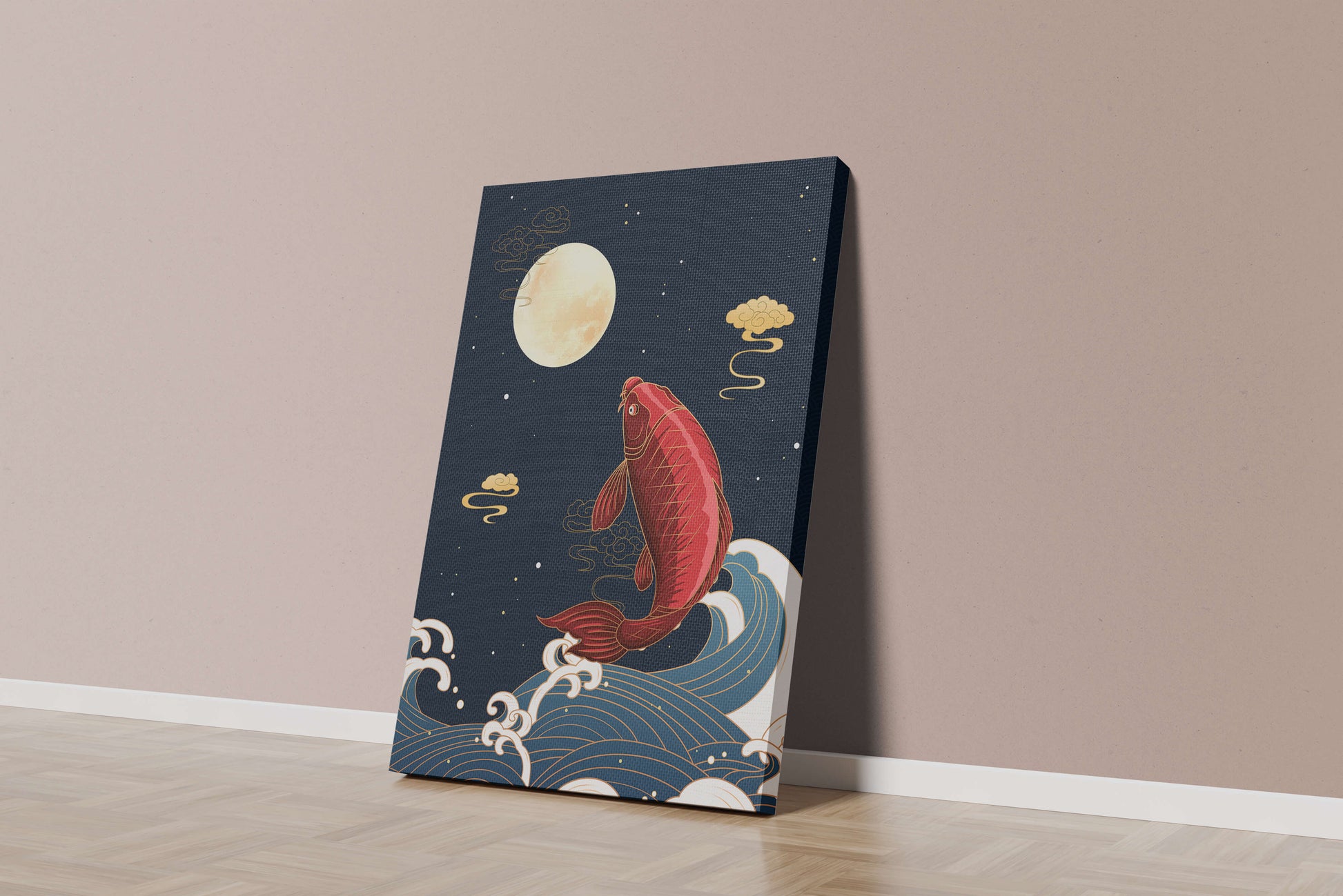 Artistic illustration of koi fish jumping over waves under moonlight
