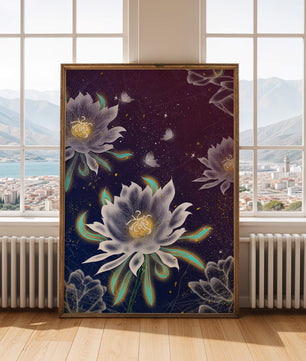 Floral Fantasy with Glowing Elements and Butterflies in Night Sky