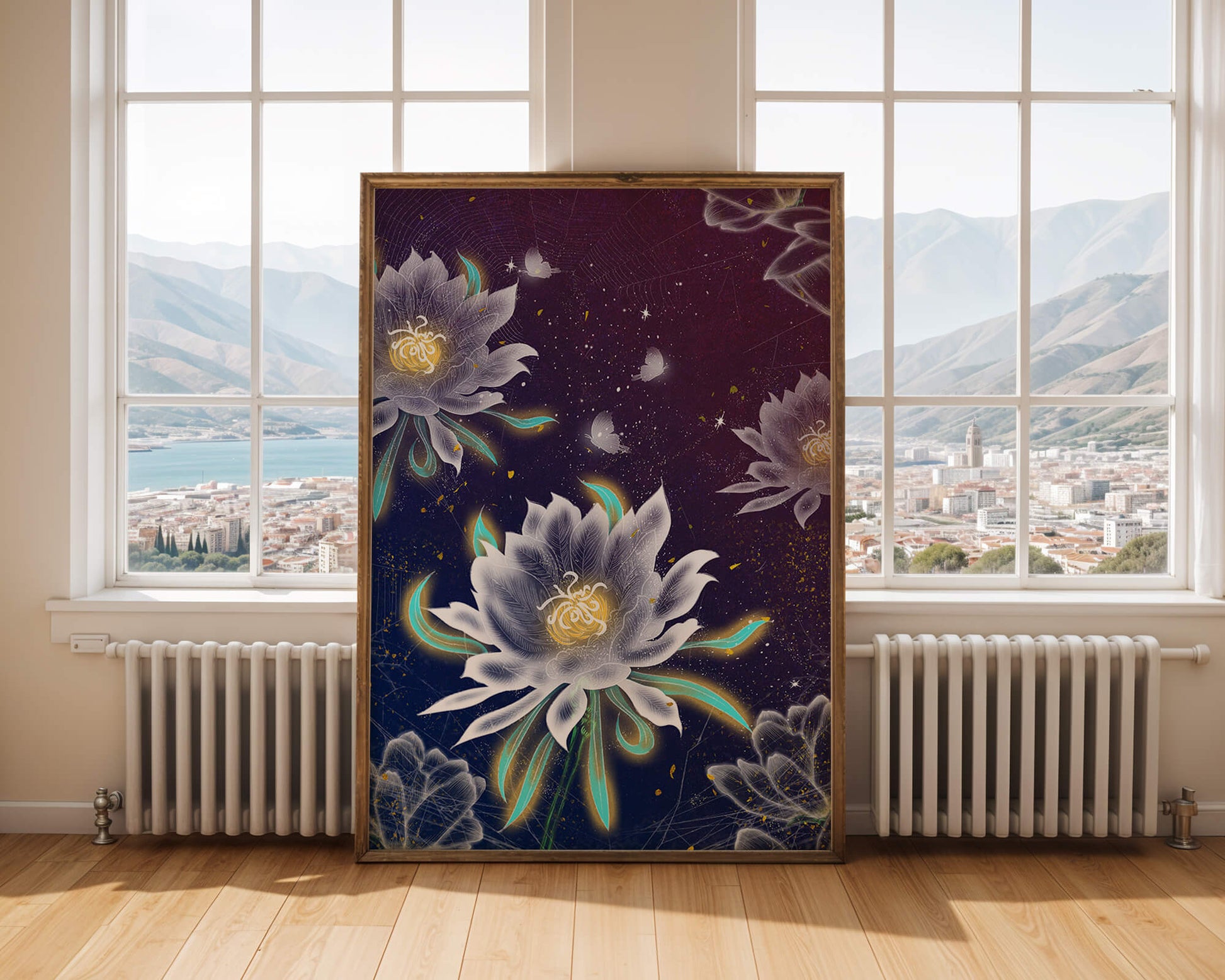 Floral Fantasy with Glowing Elements and Butterflies in Night Sky