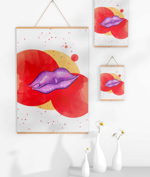 Vibrant Abstract Artwork Featuring Purple Lips on Watercolor Background