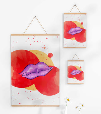 Vibrant Abstract Artwork Featuring Purple Lips on Watercolor Background