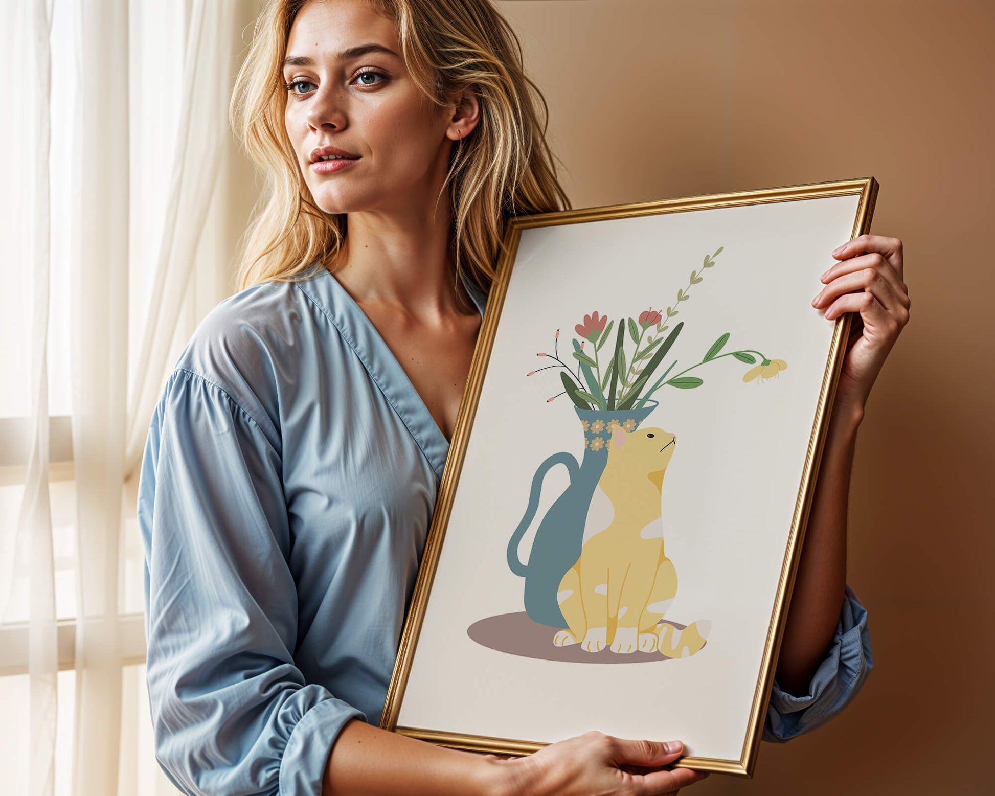 Illustration of a cat sitting beside a floral vase