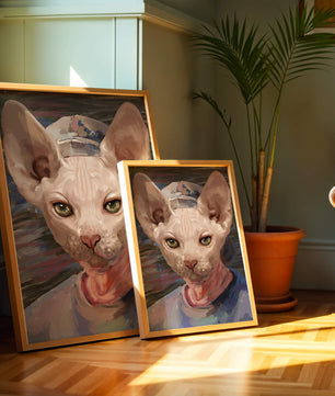 Painted portrait of a sphynx cat wearing a casual cap