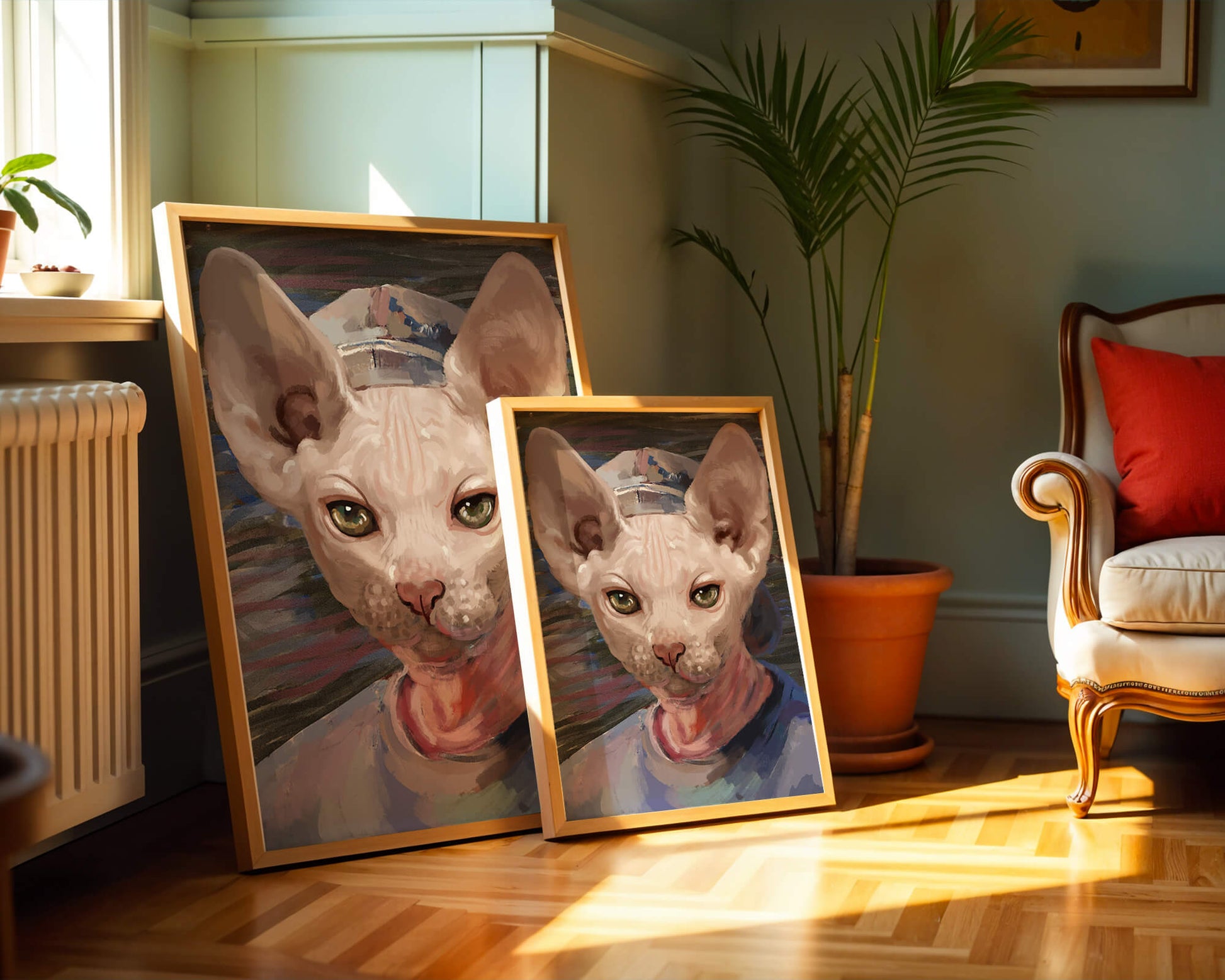 Painted portrait of a sphynx cat wearing a casual cap