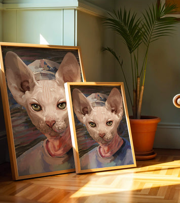 Painted portrait of a sphynx cat wearing a casual cap
