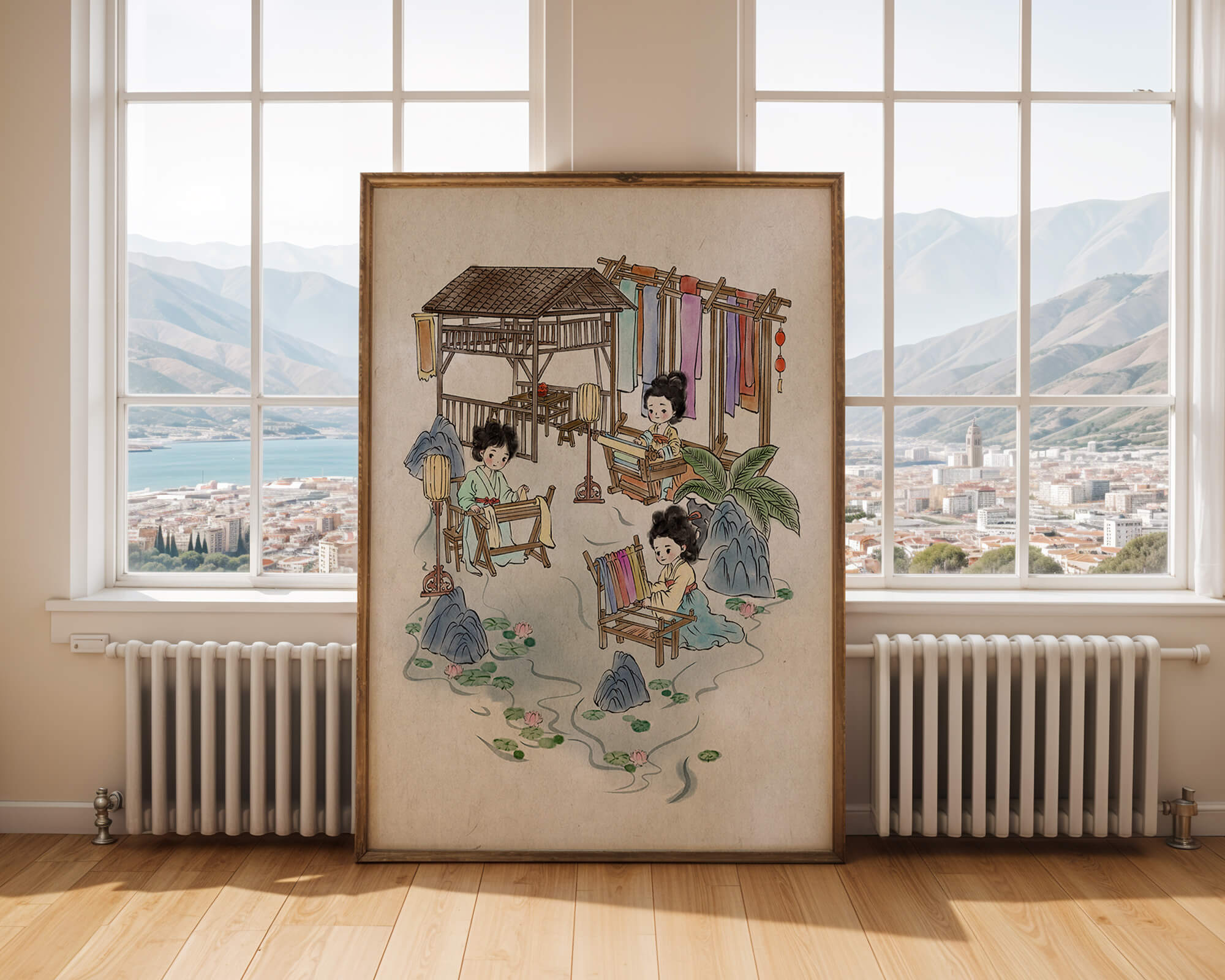 Charming illustration of traditional textile crafts in a serene setting