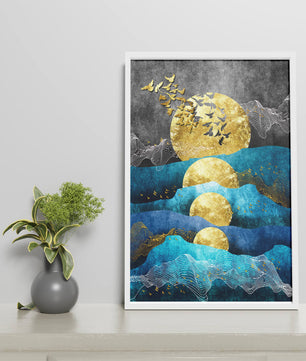 Abstract Landscape with Golden Sun and Flying Birds