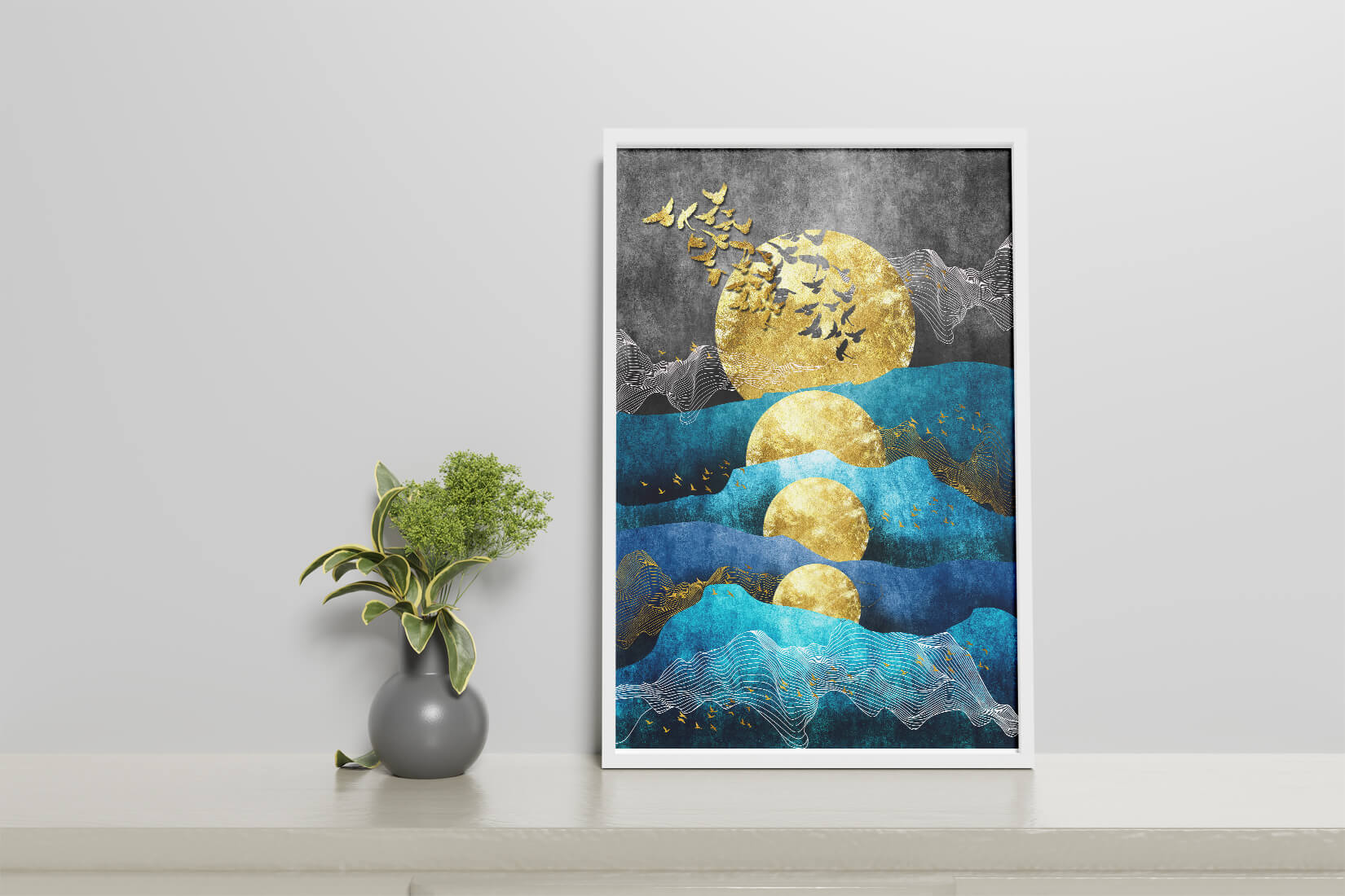 Abstract Landscape with Golden Sun and Flying Birds