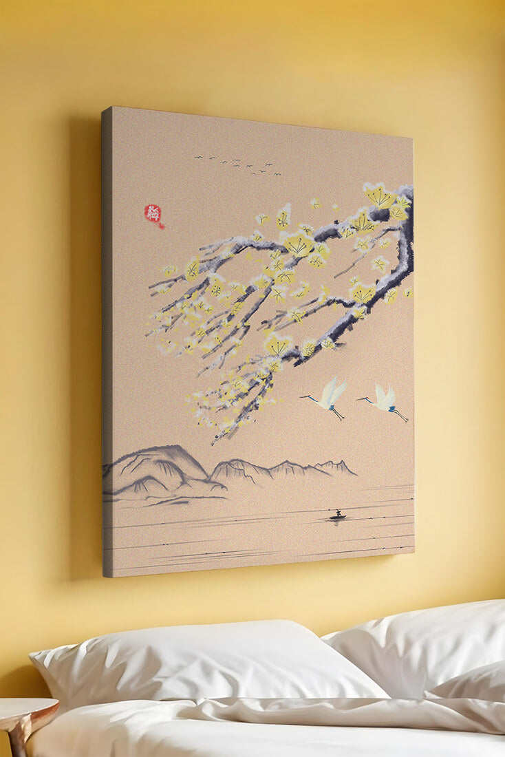 Tranquil landscape with blooming branches and flying cranes