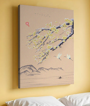 Tranquil landscape with blooming branches and flying cranes