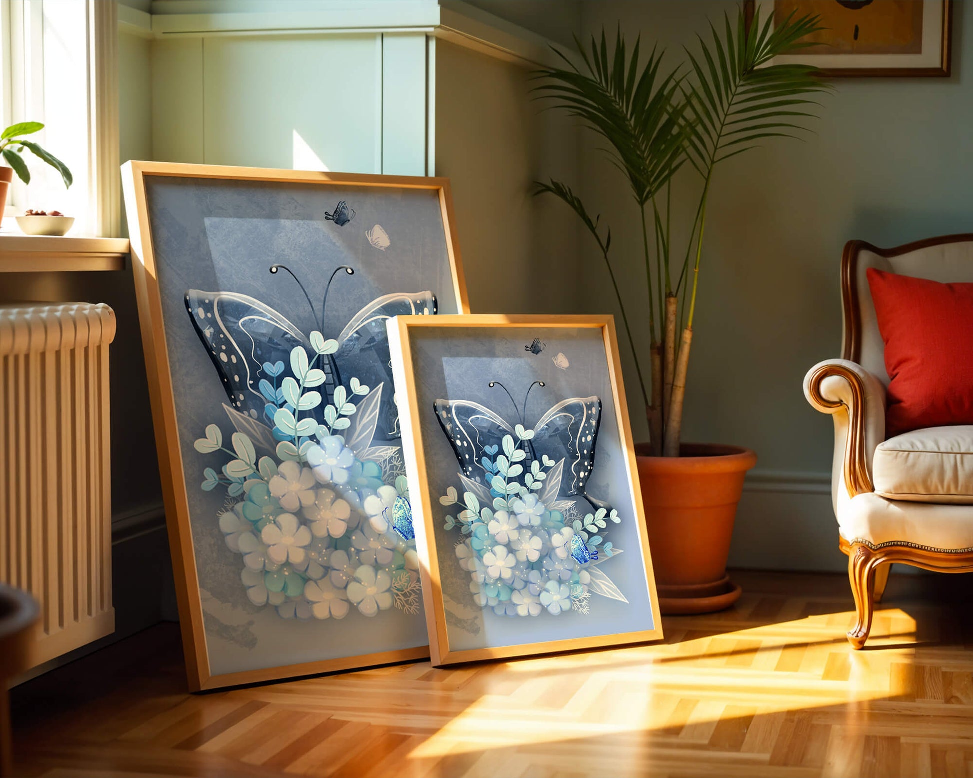 Floral and butterfly digital artwork in calming blue shades