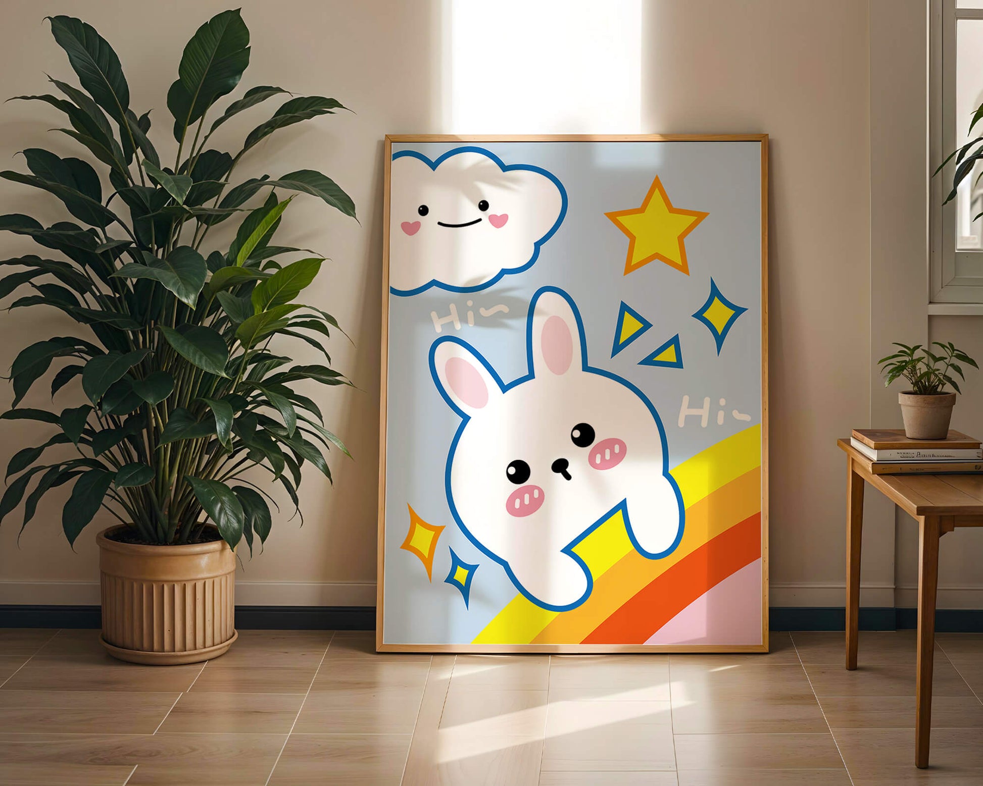Whimsical cartoon bunny with cloud and rainbow theme