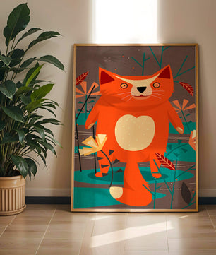 Illustration Of A Cute Orange Cat Surrounded By Stylized Trees And Plants