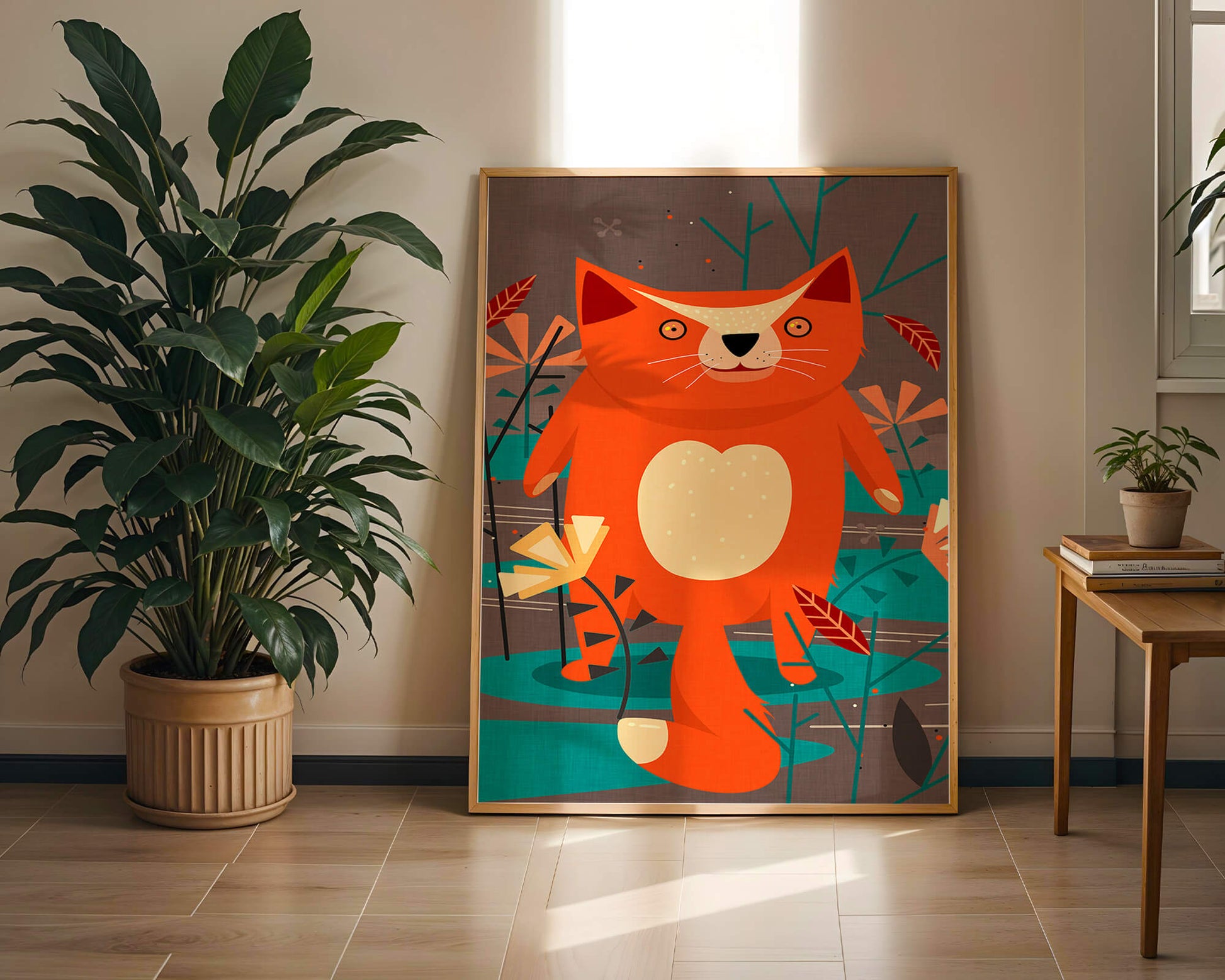 Illustration Of A Cute Orange Cat Surrounded By Stylized Trees And Plants