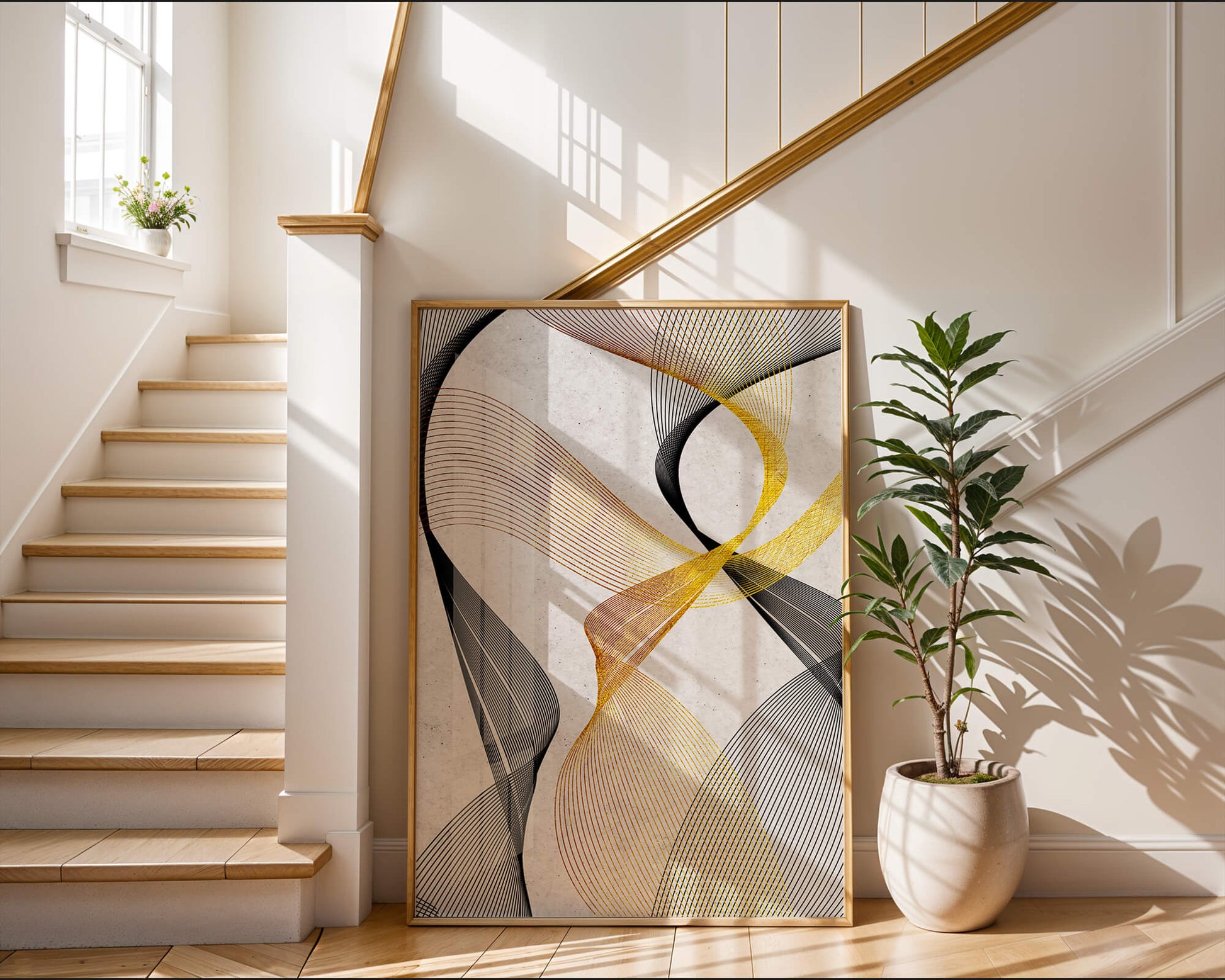 Elegant abstract waves with gold and black lines on textured background