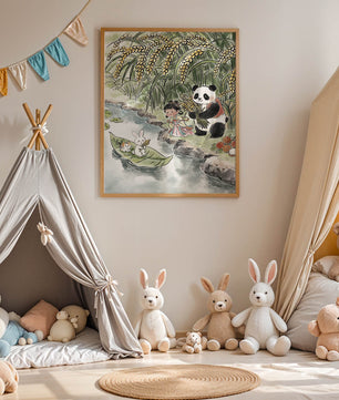 Escena caprichosa con un panda y un conejo junto al río