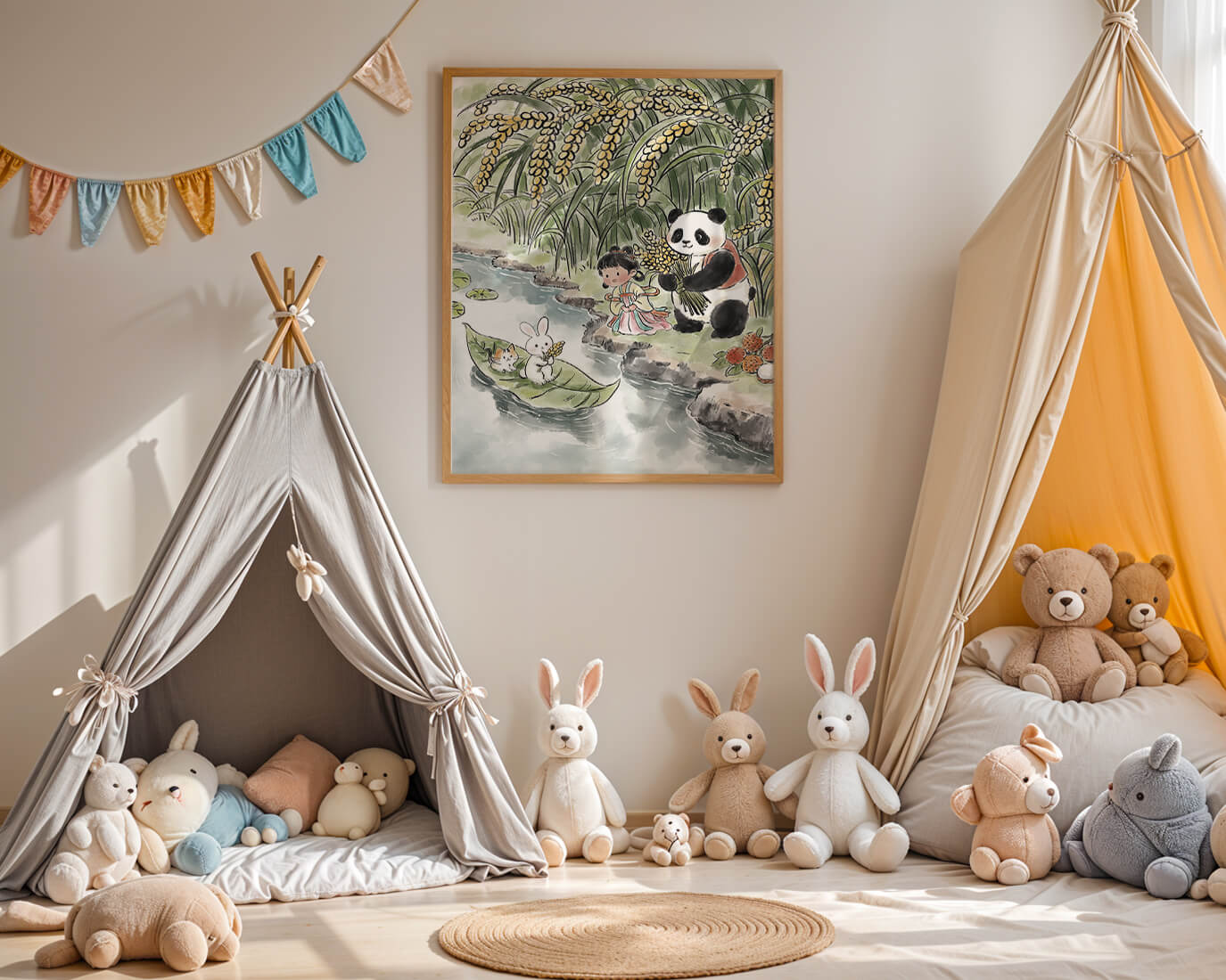 Escena caprichosa con un panda y un conejo junto al río