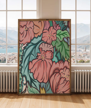 Elegant floral pattern illustration with pink blossoms and green leaves
