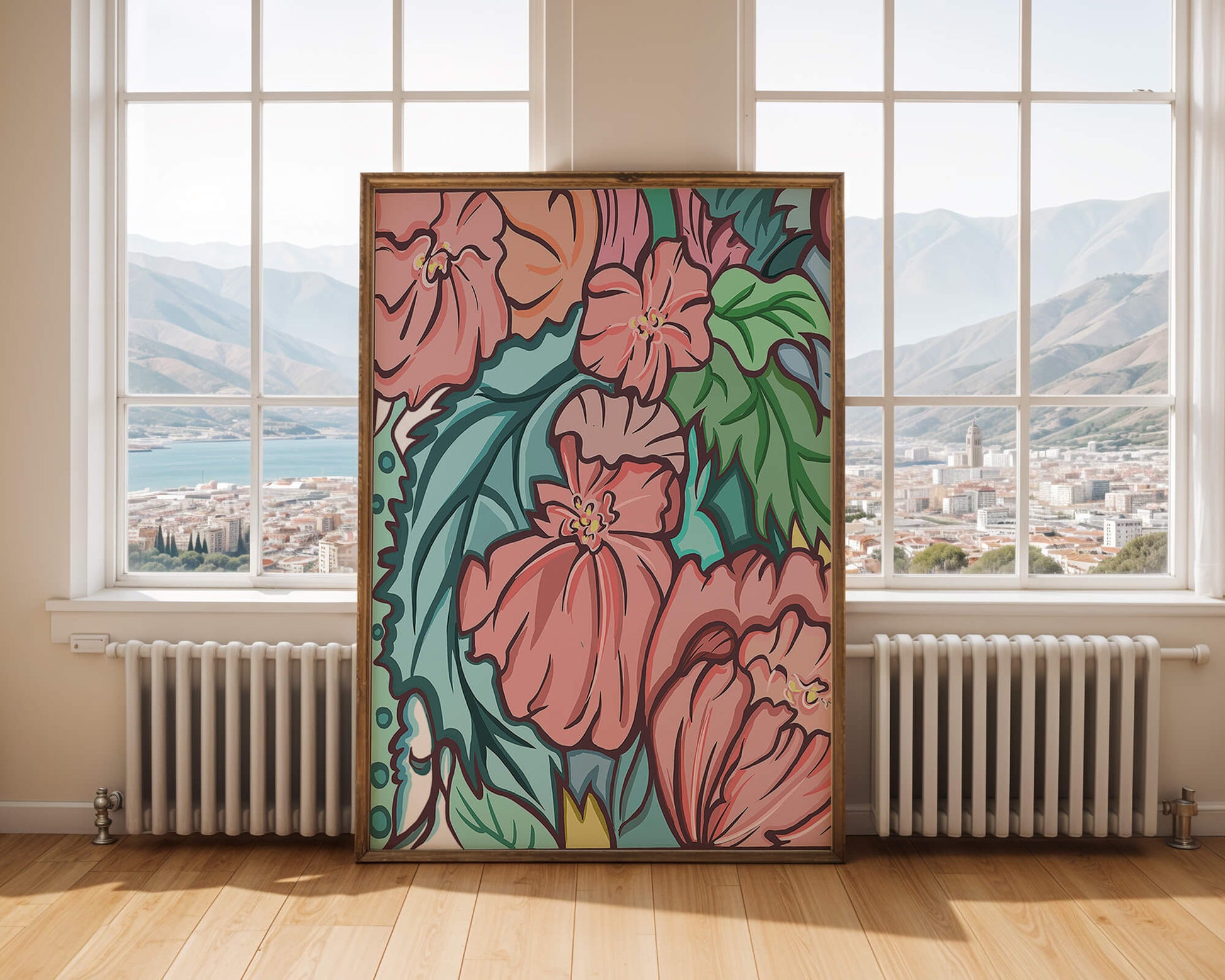 Elegant floral pattern illustration with pink blossoms and green leaves