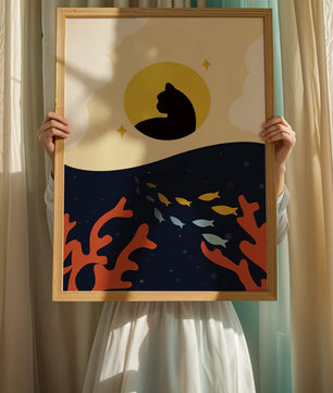 Ruhiges abstraktes Design mit Katzensilhouette und lebendiger Unterwasserszene