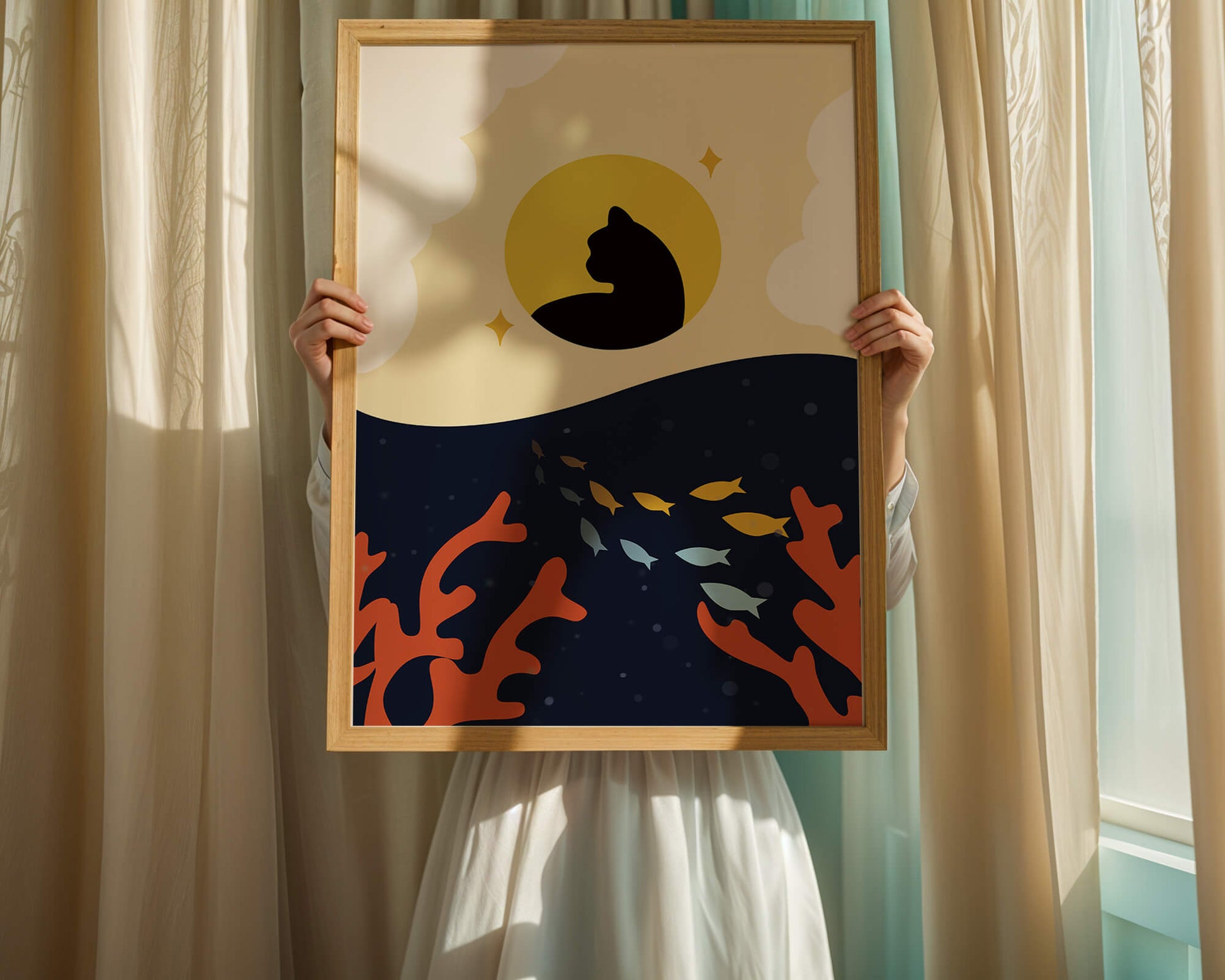 Ruhiges abstraktes Design mit Katzensilhouette und lebendiger Unterwasserszene