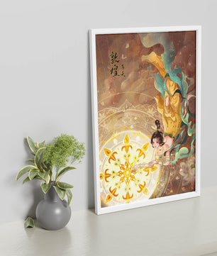 Figura celestial elegante con aura dorada y motivos florales