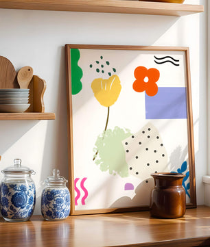 Abstraktes Blumendesign mit bunten geometrischen Formen