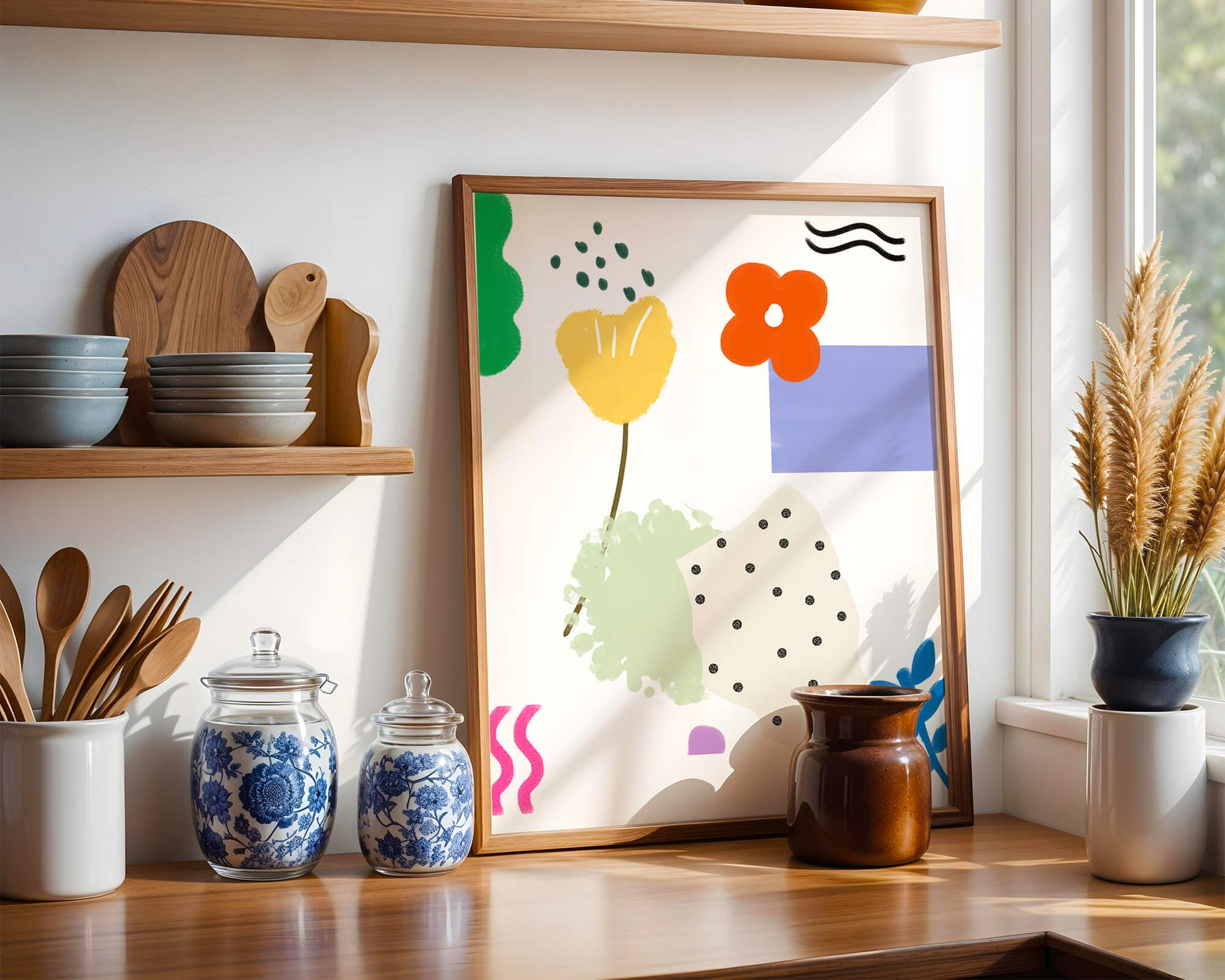 Abstract floral design with colorful geometric shapes
