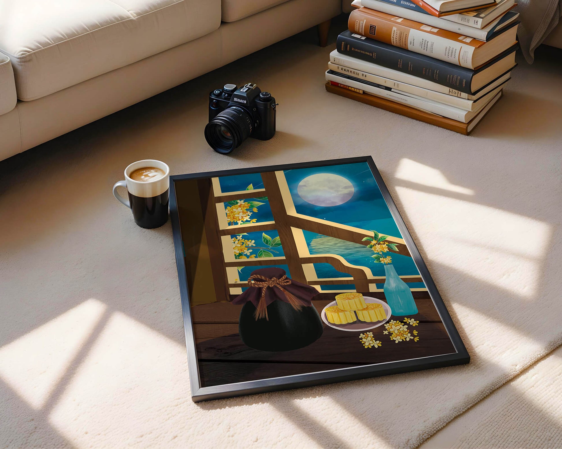 Noche iluminada por la luna con pasteles de luna y decoración floral sobre una mesa de madera