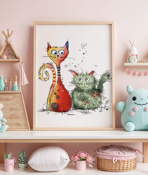 Ilustración artística colorida de dos gatos juguetones sobre fondo blanco