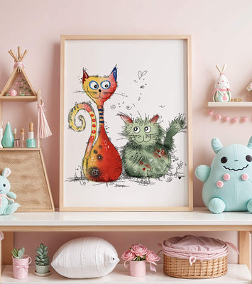 Colorful Artistic Illustration of Two Playful Cats on White Background