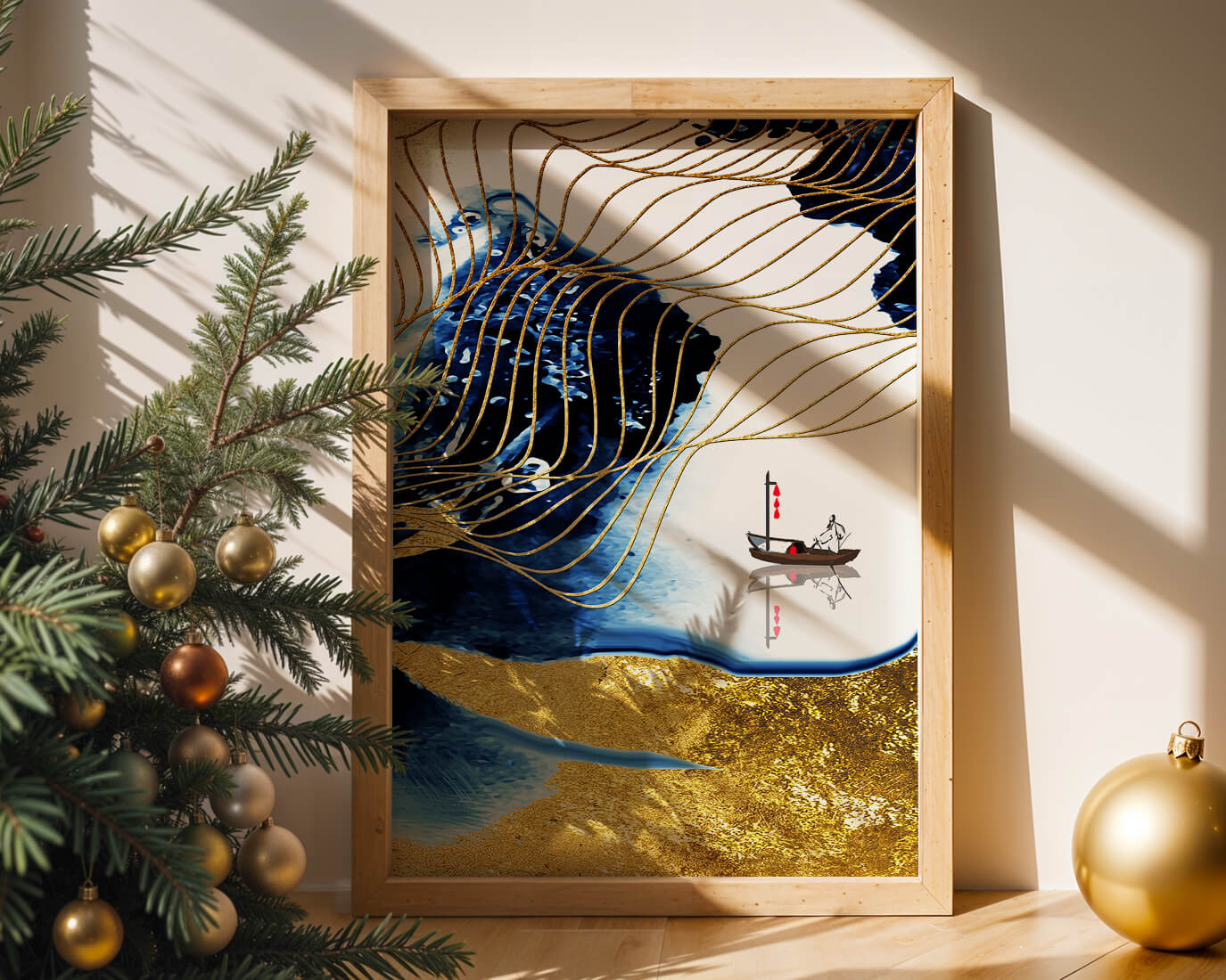 Paisaje abstracto con olas doradas y un barco solitario sobre fondo azul y blanco.