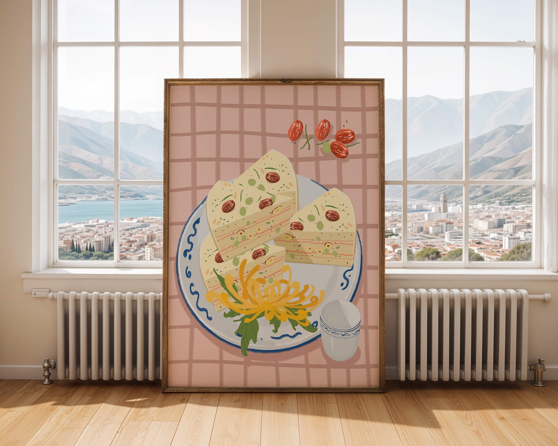 Illustration of layered cake on patterned plate with flowers and a cup